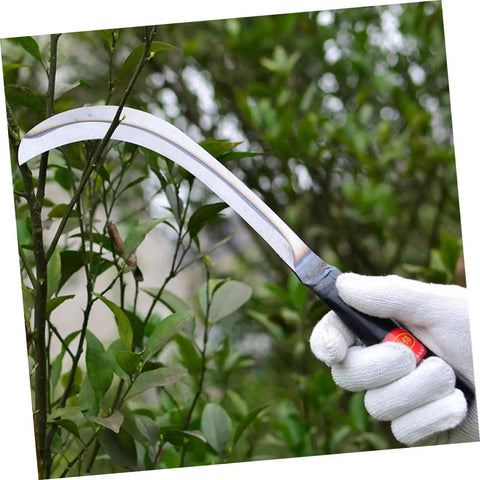 Gardener using 2-Pack Mowing Sickle Weeding Hook with No Slip Grip for Gardening and Harvesting among green foliage