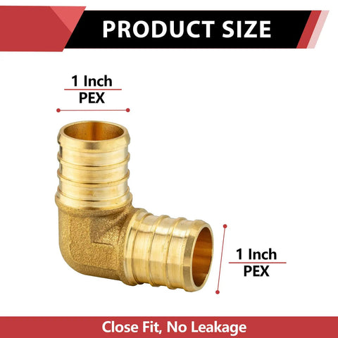 1 Inch PEX Elbow Fitting Brass Barb Crimp For PEX Tubing with size labels showing dimensions