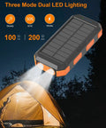 Portable Solar Power Bank 38800mAh With PD 22.5W USB C Fast Charging and dual LED flashlights illuminate a tent at night.