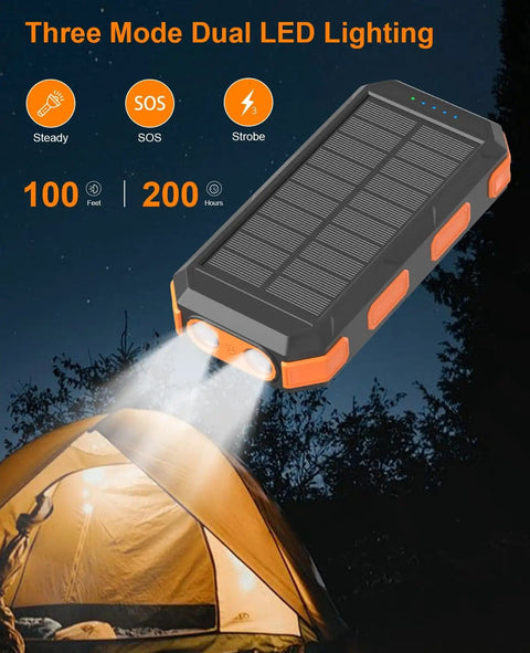 Portable Solar Power Bank 38800mAh With PD 22.5W USB C Fast Charging and dual LED flashlights illuminate a tent at night.