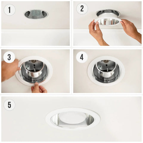 Step-by-step installation of 12 Pack 6 Inch Recessed Light Trim Covers With Aluminum Chrome Reflector And White Ring
