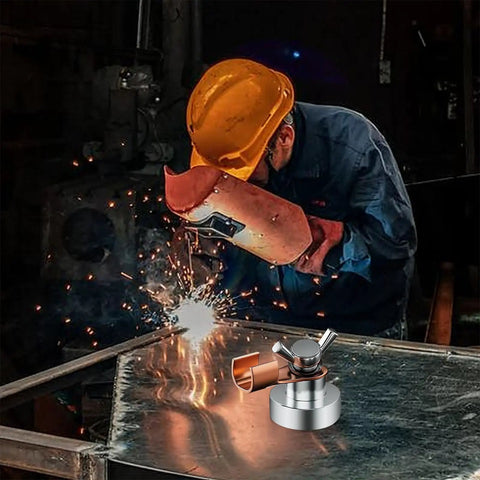Top Tier Magnetic Welding Ground Clamp With Super Strong Suction Base For Fast On Site Shop Work, No Tools Needed, Fits Any Clean Metal Surface Perfectly in use, welding sparks flying.