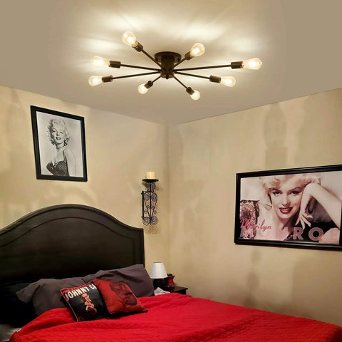 8 Light Matte Black Semi Flush Mount Ceiling Fixture With Dope Vintage Industrial Farmhouse Vibe for bedroom