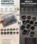 Comparison of organized and messy storage of Color Coded Hair Clipper Guard Set With Ten Size Attachments From One Sixteenth Inch To One Inch Includes Two Ear Taper Combs Replacement Barber Guards Compatible With Most Clippers Great For Precise Fades And Versatile Home Grooming