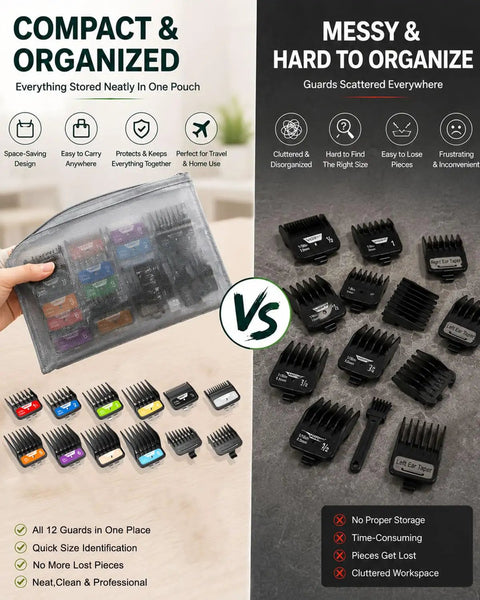 Comparison of organized and messy storage of Color Coded Hair Clipper Guard Set With Ten Size Attachments From One Sixteenth Inch To One Inch Includes Two Ear Taper Combs Replacement Barber Guards Compatible With Most Clippers Great For Precise Fades And Versatile Home Grooming