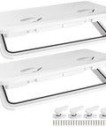 Two white rectangle boat hatch lids 24 by 14 inch deck access door covers with handles and screws, two-pack shown