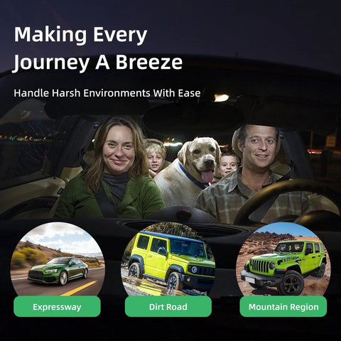 Family with dog smiling in car with images of vehicles on expressway, dirt road, mountain region below
