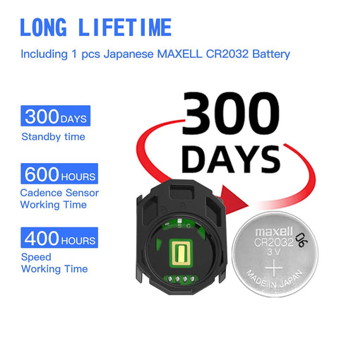 Dual Mode Bike Speed And Cadence Sensor Kit Wireless Ant Plus And Bluetooth Data showing 300-day battery life and Maxell CR2032 battery