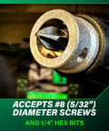 Close-up of 1/4" hex bit on Your Go-To 18V MultiVolt Cordless Drywall Screw Gun Kit With Collated Magazine, 0-5,000 RPM