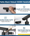 Hella Tough Six Foot Six Inch T304 Stainless Steel Handrail For Stairs With Sleek Matte Black Finish And Included Metal End Caps Mounting Hardware Four Pack, featuring smooth matte black grip and high-strength steel caps.