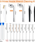 50 Piece 3D Printer Nozzle Cleaning Kit With MK8 Nozzles And Cleaning Needles, Curved Tweezers, And Essential Maintenance Tools diagram.
