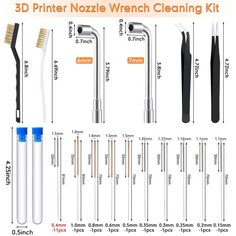 50 Piece 3D Printer Nozzle Cleaning Kit With MK8 Nozzles And Cleaning Needles, Curved Tweezers, And Essential Maintenance Tools diagram.