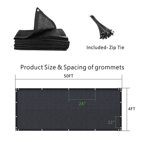 Black Privacy Screen Fence Mesh Cover 5ft By 50ft Heavy Duty Shade Net with zip tie, grommets detail shown