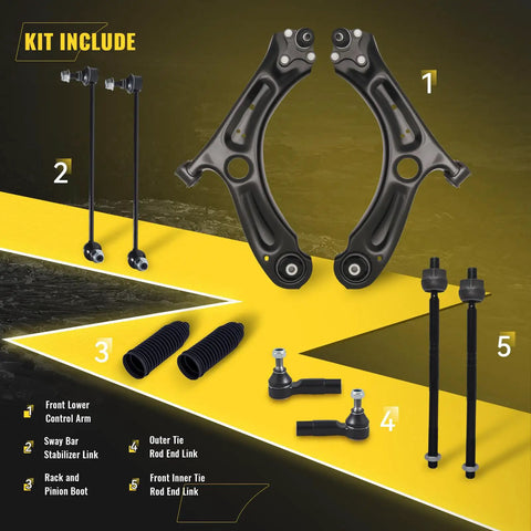 10 Piece Suspension Kit For 2011 2018 Volkswagen Jetta Front End Includes 2 Front Lower Control Arms With Ball Joints 4 Outer Inner Tie Rods And 2 Sway Bars Replacement image showing components
