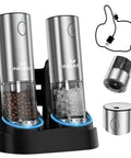 Salt And Pepper Grinder Set With External Coarseness Adjustment, 95ml Large Capacity Auto Pepper Mill With USB C Charging Base And LED Light