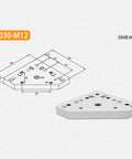 3030 Series Aluminum M12 L Shape Corner Bracket Joint Plate for Extrusion Connectors, 90x90mm, 15mm thick, with technical diagram