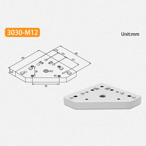 3030 Series Aluminum M12 L Shape Corner Bracket Joint Plate for Extrusion Connectors, 90x90mm, 15mm thick, with technical diagram