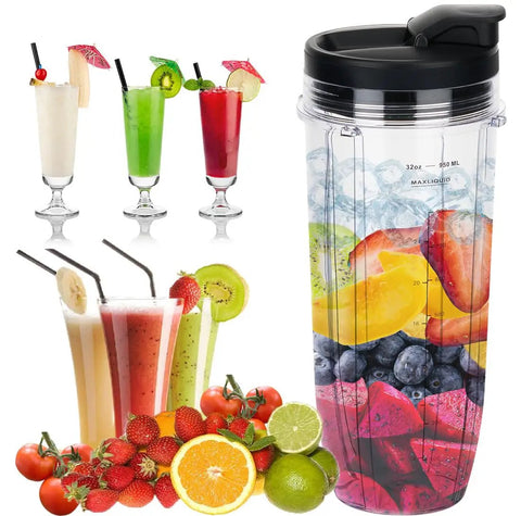 32oz Blender Cup With Sip And Seal Lid Replacement For Auto IQ Series Blenders 2 Pack Fits 4 Inch Blade Models filled with fruit