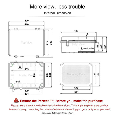 Heavy Duty IP67 Waterproof Junction Box Outdoor Electrical Enclosure dimensions, top, side, and inside views with measurements.