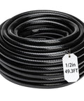Half Inch Drip Irrigation Tubing 49.2 Feet Main Garden Watering Line coiled black hose with 1/2in 49.3FT label