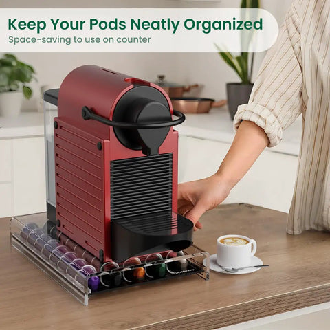 Clear Acrylic Coffee Pod Holder With 40 Pod Capacity For OriginalLine Capsules under coffee machine on kitchen counter.