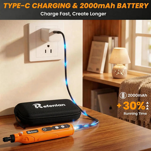 Cordless Mini Rotary Tool Kit 4V 23000RPM With LED Light 5 Speed 2000mAh Battery charging with Type-C cable on a table