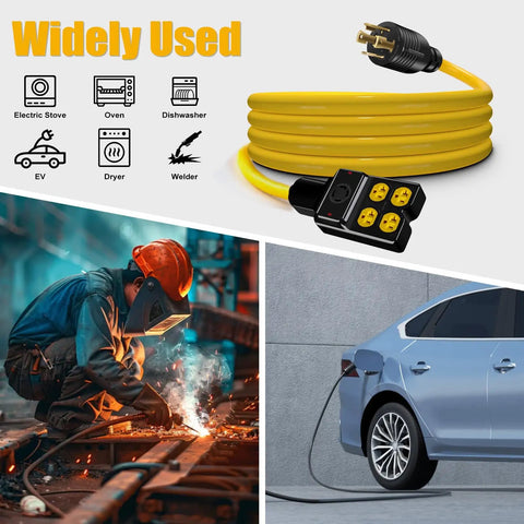 Heavy Duty Nema L14-30p To Four Port Generator Power Adapter With Twist Lock Plug, 30 Amp Extension Cord, yellow cable.