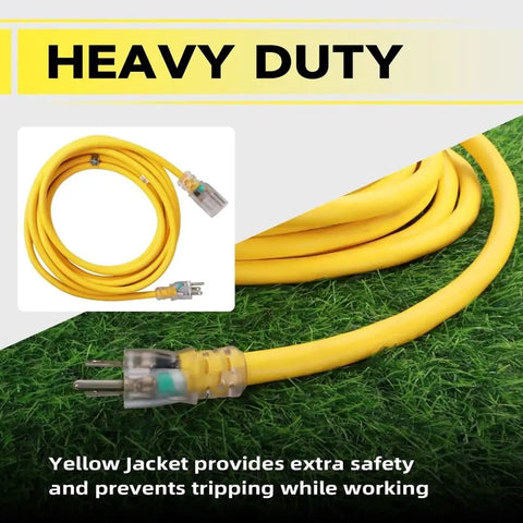 50 Ft Lighted Outdoor Extension Cord With 10/3 SJTW Heavy Duty Yellow Cable, coiled on grass with LED indicator end visible