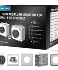 Nema 14-50 EV Charging Wall Socket Kit Featuring Dual Flush or Surface Mount Plates Plus 50 Amp Heavy Duty Receptacle on packaging.
