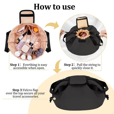 How to use Drawstring Travel Makeup Bag Large Capacity Cosmetic Organizer For Women Opens Flat For Easy View