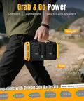 Person holding Dual Battery Pure Sine Wave Power Inverter For 20V Dewalt Batteries Auto Switch in outdoor setting