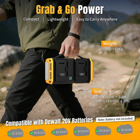 Person holding Dual Battery Pure Sine Wave Power Inverter For 20V Dewalt Batteries Auto Switch in outdoor setting