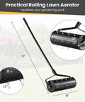 Diagram of Beefy Rolling Lawn Aerator with Fillable Drum and 18 Inch Tine Spikes, showing dimensions and metal handle.