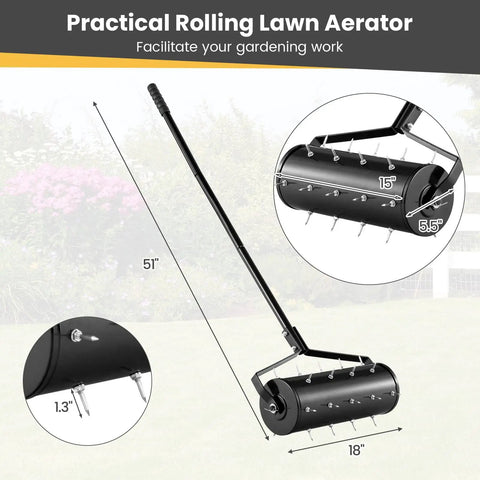 Diagram of Beefy Rolling Lawn Aerator with Fillable Drum and 18 Inch Tine Spikes, showing dimensions and metal handle.