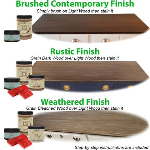 Three furniture finishes using Light Wood Liquid Wood Finish 16oz Pint That Looks Like Real Wood And Feels Like The Real Thing With 66 Percent Recycled Wood Content Paintable Woodgrain Coating For Furniture Decor Projects And Restoration