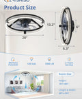 Low Profile Flush Mount Ceiling Fan With LED Lights, 20 Inch Black Modern Ceiling Fan dimensions and room illustration