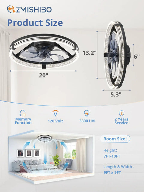 Low Profile Flush Mount Ceiling Fan With LED Lights, 20 Inch Black Modern Ceiling Fan dimensions and room illustration