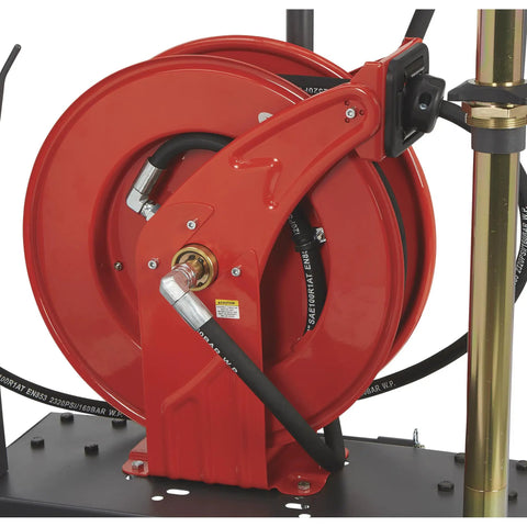 Heavy Duty Pneumatic Oil Pump Kit With 50 Foot Retractable Air Hose Reel 3.7 GPM close-up of red hose reel and mount