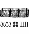 Heavy Duty Mesh Cargo Storage Net For Tesla Cybertruck 2024 Plus includes black mesh bag, carabiners, and screws for installation.