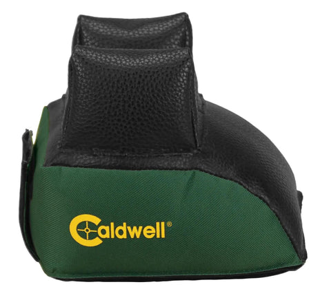 Front view of Universal Rear Shooting Bag Medium High Rest with green Cordura sides and durable leather top, corn cob filled.