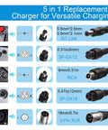 Various connector types for Universal 42V 2A Fast Charger With Six Plugs For 36V Li Ion Batteries, including DC Link and RCA.