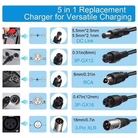Various connector types for Universal 42V 2A Fast Charger With Six Plugs For 36V Li Ion Batteries, including DC Link and RCA.