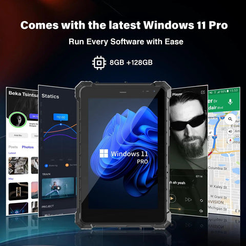 Tough As Nails 8 Inch Rugged Tablet Running Windows 11 Pro With Built In GPS Navigation displayed with various apps and graphics.