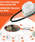 No Sweat Washer Shift Actuator Plus Pulley Clutch Kit And Drive Belt For Household Clothes Washer Smooth Spin Overhaul image showing components with drive belt and clutch.