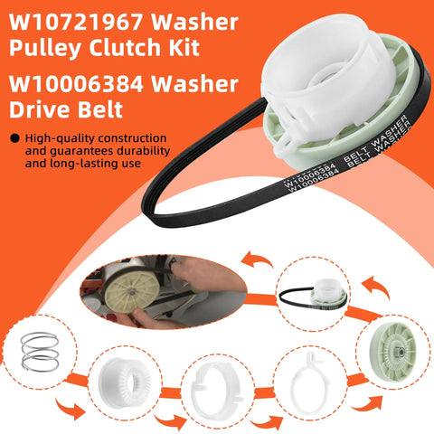 No Sweat Washer Shift Actuator Plus Pulley Clutch Kit And Drive Belt For Household Clothes Washer Smooth Spin Overhaul image showing components with drive belt and clutch.