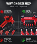 Comparison of camshaft clamps showing durable reinforced nylon vs weak plastic for 9 Piece Universal Engine Camshaft Clamp Locking Tool Kit.