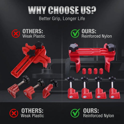 Comparison of camshaft clamps showing durable reinforced nylon vs weak plastic for 9 Piece Universal Engine Camshaft Clamp Locking Tool Kit.
