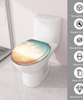 Chill Tropical Beach Resin Toilet Seat Featuring A Sunny Thatched Umbrella Motif on a toilet with a soft close design.