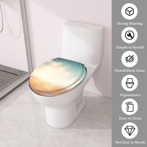 Chill Tropical Beach Resin Toilet Seat Featuring A Sunny Thatched Umbrella Motif on a toilet with a soft close design.