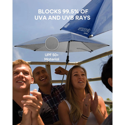 Versa Brella Midnight Blue Outdoor Shade Umbrella with heavy-duty clamp attached to bleachers, blocking UV rays.